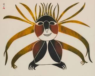 1144 Johnniebo Ashevak (1923-1972) "Mountain Spirit," 1969 Stonecut in colors on paper Edition: 6/50 Signed, titled, dated, numbered, and inscribed in pencil along the lower margin edge: Johnniebo / Dorset 1969 Image: 17.5" H x 23.5" W; Sight: 20.625" H x 25.25" W Estimate: $300 - $500