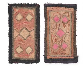 1302 A pair of American hooked rugs 20th century Comprising two folk art rugs, each with geometric diamond motifs in pinks and beiges with dark borders, each backed with cotton fabric from vintage cotton sugar bags 2 pieces Larger: 26.5" H x 49.5" W; Smaller: 24" H x 44" W Estimate: $200 - $400
