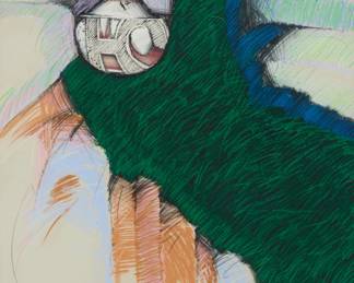 1373 Amado Maurillo Peña (b. 1943, Pascua Yaqui) Figure and pot Pastel and acrylic on paper Signed in pencil upper left: Amado Maurillo Peña Sight: 41" H x 29" W Estimate: $500 - $700