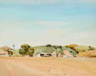 1097 Millard Owen Sheets (1907-1989) "Farm, Ojai Valley," circa 1932 Watercolor on paper Signed in pencil lower right: Millard Sheets; titled and dated on a label affixed to the frame's backing board Sight: 15.25" H x 19" W Estimate: $3,000 - $5,000