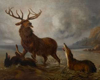 1090 Joseph Henry Sharp (1859-1953) "Stag at Bay," 1891 Oil on canvas Signed and dated lower left: J.H. Sharp. 91; indistinctly inscribed with the artist's name on the upper stretcher, possibly in another hand and titled on the lower stretcher 24" H x 36" W Estimate: $3,000 - $5,000