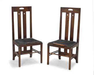 1312 After Charles Rennie Mackintosh (1868-1928, Scottish) A pair of 'Ingram' dining chairs by Cassina, late 20th century Each with factory mark: Cassina / Charles Rennie Mackintosh Each dark brown stained ash, with slat back and vinyl upholstered seat raised on straight legs joined by a box stretcher 2 pieces 42" H x 16" W x 19" D Estimate: $300 - $500