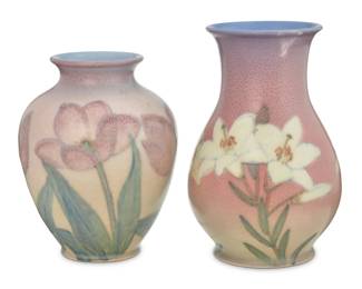 1139 Kataro Shirayamadani for Rookwood pottery Two vellum glazed vases with tulip or lily decoration, 1942 Glazed porcelain Impressed manufacturer's mark, date and number to underside 'Flame mark XLII 6827' or 'S' with incised artist's initials 'KS' 2 pieces Lily vase: 6.625" H x 4.375" Dia.; Tulip vase: 5.75" H x 4.5" Dia. Estimate: $600 - $800