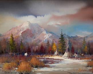 1189 Robert Brokaw Wagoner (1928-2017) "Where the Mountains Meet the Sky," 1979 Gouache and watercolor on grey paper Signed and dated lower right and lower left, respectively: Robert B. Wagoner © '79; titled and dated "4/27/79" on a typed label affixed to the frame's backing paper Sight: 10" H x 18.875" W Estimate: $700 - $1,000