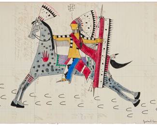 1044 Michael Horse (b. 1951, Yaqui, Mescalero Apache, Zuni) Warrior on horseback Watercolor and ink on leger paper Signed and with the artist's device in ink, lower right: Michael Horse Sheet: 9.625" H x 15.25" W Estimate: $300 - $500