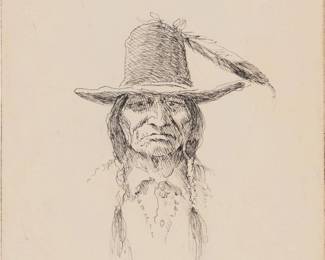 1118 Olaf Wieghorst (1899-1988) "Plains Indian" Ink on paperboard Signed with initials and with the artist's device lower center: OW; titled by repute Paperboard: 4.875" H x 4" W Estimate: $500 - $700