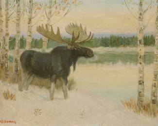 1122 Edwin Willard Deming (1860-1942) Moose in a winter landscape Oil on board Signed and with the artist's shield device lower left: EW Deming 10" H x 14" W Estimate: $700 - $900