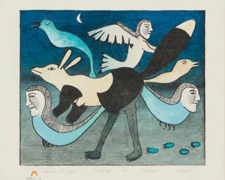 1145 Kenojuak Ashevak 1927-2013 "Spirits at Night," 1989 Lithograph in colors on paper Edition: 5/50 Signed, titled, dated, numbered and inscribed, all in pencil in lower margin, also with Inuktitut syllabics and two unknown blindstamps in the lower margin: Kanojuak / Dorset 1989; Aoudla Pudlat, prntr. Image: 10" H x 12" W; Sight: 13" H x 14.625" W  Together with hardcover book: Walk, Ansgar. "Kenojuak: The life story of an Inuit artist." Bielefeld, Germany: Penumbra Press, 1999 Book: 8.625" H x 7" W x 0.875" D  2 pieces Estimate: $300 - $500
