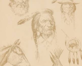 1120 Olaf Wieghorst (1899-1988) Study with six figures Photomechanical reproduction on card Inscribed by Mrs. Wieghorst: "May 10, 1979 / Dear Lottie: - / Your nice birthday card / was forwarded here to me / in Fla. We usually are / over here for the winter. It / was quite a surprise to hear / from you. Have been here / for 3 months & expect / [to] go to St. Thomas for a / week on a chartered sailboat. / That will kind [?] of wind up / our vacation. We are both / fine & hope the same with you. / Sincerely / Mae & Olaf" 5" H x 4" W Estimate: $200 - $300