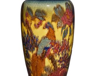 1134 Edward Timothy Hurley for Rookwood Pottery Vase with birds in trees, 1928 Glazed porcelain Impressed manufacturer's mark, date and number to underside 'Flame mark XXVIII 614B' with incised artist's initials 'ETH' 14.75" H x 7.625" Dia. Estimate: $1,000 - $1,500