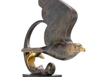 1141 Tim Cherry (b. 1965) "Fish Hook," 2008 Patinated and polished bronze on stone plinth Edition: 9/18 Signed and numbered in the casting: © Cherry Modeled and cast in 2008 Bronze: 30.5" H x 27.5" W x 6" D; Overall: 80.5" H; Plinth: 49.25" H x 13.25" W x 13.25" D Estimate: $2,500 - $3,500