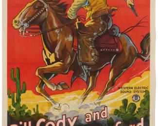 1415 Western Movie Poster for "Land of Wanted Men," circa 1931 Lithograph in colors on paper laid another sheet of paper or possibly canvas From the edition of unknown size Tooker Litho. Co., New York, NY, prntr., with their name logo printed near the lower righter corner of the image Image: 39" H x 25.375" W; Sheet: 41" H x 27.25" W Estimate: $300 - $500