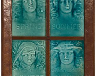 1285 A set of J.G. & J.F. Low Art Tile Works "The Four Seasons" glazed tiles 1885 in later frame Each tile impressed: J.G. & J.F. LOW / ART TILE WORKS / CHELSEA / MASS, U.S.A. / COPYRIGHT / BY J.G. & J.F. LOW / 1885; frame unmarked Each tile depicting a maiden representing of one of the four seasons and set into a hand hammered copper frame with easel back Each tile sight: 5.75" H x 4" W; Framed: 14.5" H x 11.125" W x 1.25" D Estimate: $700 - $900