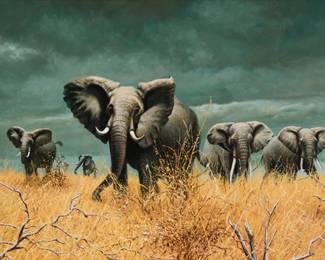 1248 Charles Fracé (1926-2005) "Bull Elephants" (Africa), 1972 Oil on canvas Signed lower left: Charles Fracé; signed again, titled, and dated in pencil on the stretcher 16.5" H x 36" W Estimate: $7,000 - $9,000