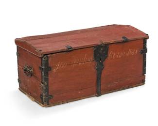 1288 A Northern European painted wood immigrant chest Circa mid-19th century Inscribed indistinctly and dated 1848 With enameled metal latch lock, opposed handles, hinges, and corner brackets 18.75" H x 41" W x 21.5" D Estimate: $300 - $500