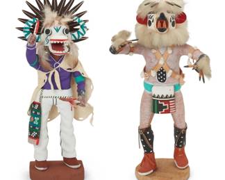 1211 Two Hopi painted carved cottonwood katsinas Two works:  Henry Shelton (1929-2016, Hopi-Tewa) A white ogre katsina, late 20th/early 21st century Signed to underside: H. Shelton / [arrow] / ORAIBI, ARIZ. The Wiharu figure mounted with hide and feathers 14" H x 5" W x 5.5" D  Gary Hayah (b. 20th century, Hopi-Tewa) A 'White Bear' katsina, late 20th/early 21st century Signed to underside: G. HAYAH / White Bear The Hon katsina mounted with hide, feathers, fur, and shells 12" H x 6" W x 6.375" D  2 pieces Estimate: $300 - $500