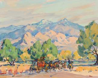1252 Marjorie Reed (1915-1996) "Late Afternoon on the Trail" Oil on canvasboard Signed lower left: Marjorie Reed; signed again, titled, and inscribed, all in ink, verso: "Elephant Head Rock / Santa Cruz Valley / Southern Arizona / by Marjorie Reed" 12" H x 16" W Estimate: $800 - $1,200