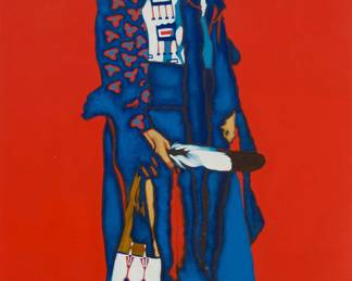 1038 Benjamin "Bennie" Buffalo (1948-1994, Cheyenne) "Nohnicas," 1977 Oil on canvas Signed and dated lower right: B. Buffalo 77 ©; signed and dated again, titled, and inscribed with a Weatherford, OK address, all verso 54" H x 30" W Estimate: $6,000 - $8,000