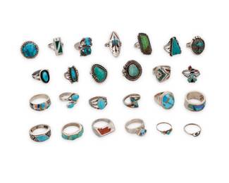 1397 A group of Southwest silver and turquoise rings Mid/late 20th century Ten variously marked for maker and/or for sterling: RL / V SD / Mexico / ST / AK / CR [Carolyn Pollack Relios Inc.] Comprising thirteen rings with set turquoise in various sizes and styles, including shadowbox, stamp work, twisted wire overlay and incised edge accents, as well as nine rings with stone inlay, mosaic inlay, and multistone channel inlay including turquoise, coral, opal, amethyst, onyx, and mother of pearl, as well as three rings with chipped turquoise and coral mosaic inlay, including one with a peyote bird motif, and a Zuni-style Thunderbird/woodpecker ring with stone and shell inlay 25 pieces Ring sizes: 8 to 4 146.3 grams gross Estimate: $200 - $400