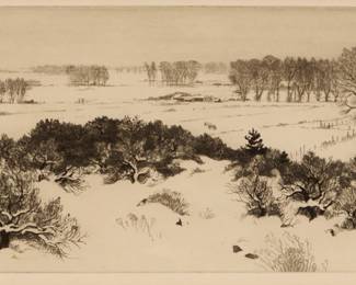1116 Gene Kloss (1903-1996) "Tranquility of Winter," 1944 Etching on paper Edition: 50/75 Signed, titled, numbered, and inscribed "Ed 50" in pencil in the lower margin: Gene Kloss imp. Plate: 7.5" H x 14.875" W; Sight: 8" H x 15.375" W Estimate: $700 - $1,000