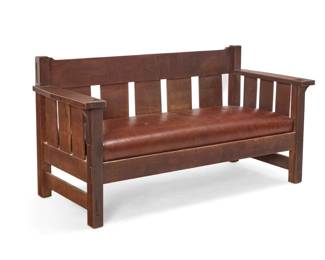 1172 A Lifetime Furniture Co. slatted settle Circa 1910 Unmarked The two-seater with five-slat back, flat corbeled arms supported on slats, and drop-in brown leather bench seat 30.5" H x 57.5" W x 25.5" D Estimate: $1,000 - $1,500