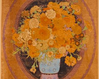 1131 Gustave Baumann (1881-1971) "Marigolds," 1916 Woodcut in colors on cream wove paper Edition: 8/100 (of which fewer than 100 were printed), printed circa 1919 Signed in India ink and with the artist's hand in heart brownish-red ink stamp, both in the image at lower right: Gustave Baumann; signed again (very faintly) and numbered, both in pencil in the image at lower center Image: 21.75" H x 17.75" W (oval), 22.375" H x 18.25" W (rectangle); Sheet: 25.5" H x 21.375" W Estimate: $4,000 - $6,000