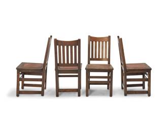 1293 Four Limbert Mission oak side chairs, no. 1851 Circa 1910 Each appears unmarked Each with slat back above a later leather seat with tacking 4 pieces Each: 36.75" H x 17.5" W x 20" D Estimate: $500 - $700