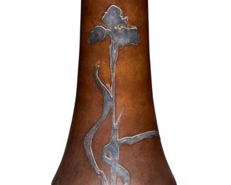 1259 A Heintz Art Metal Shop sterling silver overlay vase Early 20th century Impressed factory mark and: STERLING / ON BRONZE / [indistinct] / 3595 C Patinated bronze with silver overlay depicting an iris 8.875" H x 4.75" Dia. Estimate: $200 - $400