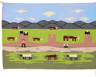 1231 A Navajo pictorial rug Late 20th/21st century, Diné Woven in blue, green, brown, cream, black, metallic grey, and metallic pink yarn, featuring a mountainous landscape with eagles, cows, sheep, a goat, and a figure, all under a blue sky with scattered clouds 22.25" H x 32.5" W Estimate: $800 - $1,200