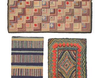 1303 A group of American hooked rugs 20th century Comprising three folk art rugs in reds, blues, and yellows, including a large floor rug with multicolored quilt-style patchwork motifs, as well as a multicolored mat with geometric diamond motif and zigzag borders, and a small mat with multicolored stripes and banding 3 pieces Largest: 35" H x 58.5" W; Smallest: 22.5" H x 40" W Estimate: $300 - $500