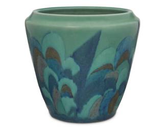 1138 Wilhelmine Rehm for Rookwood pottery Decorated mat/double vellum glaze vase, 1927 Glazed porcelain Impressed manufacturer's mark, date and number to underside 'Flame mark XXVII 2000' with blue glazed artist's monogram 'WR' 6" H x 6.5" Dia. Estimate: $300 - $400