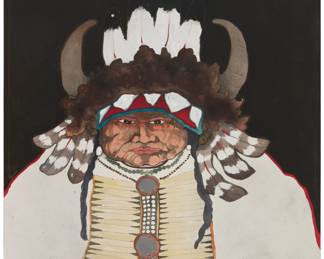 1037 Kevin Red Star (b. 1943, Crow) "Shoots to Kill" Oil, ink, and metallic pigments on canvas Signed lower right: Kevin Red Star; signed again and titled verso 42" H x 32" W Estimate: $4,000 - $6,000