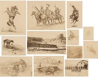 1068 After Edward Borein 1872-1945 'Edward Borein: Etchings: A Portfolio of Eleven Etchings by Edward Borein Hand-pulled from the original Plates by Master Printer Patrick Merrill,' 2003 The complete set of eleven etchings and drypoints printed in brown on creme Arches paper Edition: 9/25 One work signed in the plate: Edward Borein; the ten others each unsigned; numbered in ink on the colophon page; Patrick Merrill, prntr.; Rancho Deluxe Editions, Santa Ynez, CA, pub.; each sheet is loose, as issued, with the original titled paper wrappers; together with the cover page, forward signed in ink by John Reynolds, colophon page, and plate list all housed within the original brown linen-covered portfolio-box. Sheet of each: 18.5' H x 13' W; the last sheet: 13.5." H x 11.75" W tipped to another sheet 18.5" H x 13" W Estimate: $1,000 - $1,500