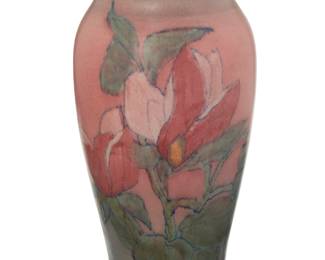 1136 Sarah "Sallie" Elizabeth Coyne for Rookwood pottery Double Vellum/Decorated Mat vase with magnolias, 1929 Glazed porcelain Impressed manufacturer's mark, date and number to underside 'Flame mark XXIX 2786' with incised artist's initials 'SEC,' additionally later inscribed in ink 'AHW 559' 11.75" H x 6.125" Dia. Estimate: $1,000 - $1,500