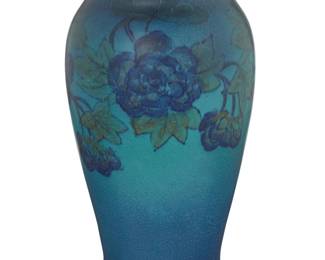 1137 Louise Abel for Rookwood pottery Double vellum matte glaze vase with flowering branches, 1927 Glazed porcelain Impressed manufacturer's mark, date and number to underside 'Flame mark XXVII 2786' with glazed artist's cipher A in a circle 11.75" H x 6.25" Dia. Estimate: $700 - $900