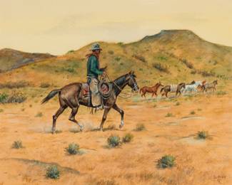 1022 Paul Sollosy (1911-2012) "Rep Rider" Watercolor on paper Signed and with the artist's device lower right: Sollosy; titled from a label affixed to the frame's backing paper Sight: 12.5" H x 15.5" W Estimate: $500 - $700