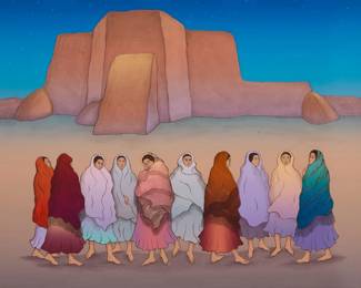 1370 R.C. Gorman (1932-2005, Navajo/Diné) "Ranchos Twilight," 1988 Lithograph in colors on paper Edition: 64/225 (there were also 25 artist's proofs) Signed, dated, and numbered in pencil in the lower left and right corners: R.C. Gorman 1988 Western Graphics Workshop, Inc., Albuquerque, NM, prntr./pub.; with the artist's and the printer/publisher's blindstamps lower center Sight: 31.25" H x 41.5" W Estimate: $400 - $600