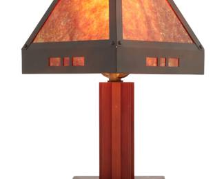 1230 An Arts & Crafts style mica and brass table lamp Early 21st century Unmarked The single-light lamp with wood standard and patinated brass base and mica shade, electrified Overall: 15.25" H x 8.125" W x 8.125" D Estimate: $200 - $400