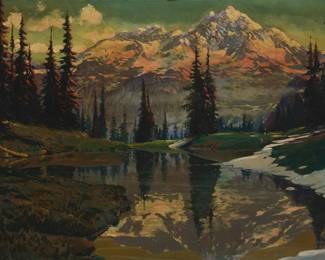 1095 Louis Leo (20th century) Lake in a mountain landscape Oil on panel Signed lower right: Louis Leo 18" H x 28" W Estimate: $700 - $900