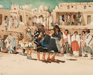 1209 Red Robin (1912-1991, Zuni) "He'e'e Kachina" or "War Maid," 1940 Watercolor with traces of pencil on paper Signed and dated in pigment, and titled in pencil, all lower left: Red Robin -40-; inscribed in pencil, possibly in another hand, verso: "Hopi Ceremony - Arizona / Katchina Dance - Legendary - / This Original painting must / not be copied" Sheet: 15.75" H x 22.75" W Estimate: $1,000 - $1,500