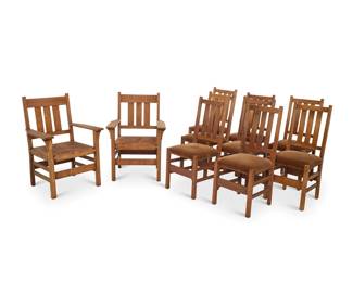 1078 A set of ten Gustav Stickley oak dining chairs, nos. 350 & 366 1905-1916 Each side chair with black Craftsman Workshops joiner's compass burn mark: Stickley; each armchair with faded red Craftsman Workshops joiner's compass mark Comprising eight side chairs, no. 350, the seats reupholstered in mohair fabric, and two armchairs with leather seat, no. 366 10 pieces Each armchair: 39" H x 26.375" W x 25" D; Each side chair: 39.5" H x 17.5" W x 20.25" D Estimate: $1,000 - $2,000