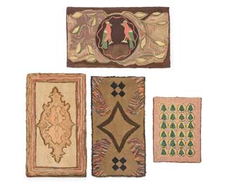 1306 A group of American hooked rugs 20th century Comprising four folk art mat rugs in various styles and sizes, including a brown, pink, and green rug with a central medallion of two birds with twining leaves, two rugs in browns, pinks, and cream with geometric diamond motifs to the center and multicolored borders and striped accents, as well as a small mat in pink, green, and cream with multiple tree motifs, the three large rugs each mounted to a fabric-covered stretcher 4 pieces Largest: 29.5" H x 51" W; Smallest: 24" H x 32.25" W Estimate: $400 - $600