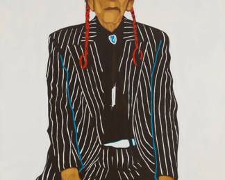 1039 Benjamin "Bennie" Buffalo (1948-1994, Cheyenne) "Hill" Oil on canvas Signed and dated lower left: B. Buffalo 77 ©; signed again, dated "March 1977," and titled, all faintly in pencil, verso 42" H x 33" W Estimate: $3,000 - $5,000