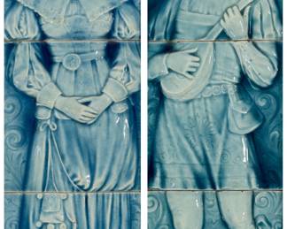 1286 Two American Encaustic Tiling Co. glazed ceramic panels Late 19th/early 20th century Each tile marked in relief: A. E. TILE Co. LIMITED Each figure formed of three tiles, one set depicting a maiden, the other a musician 2 pieces Each tile: 6" H x 6" W; Each framed: 22" H x 10.125" W x 1.25" D Estimate: $200 - $400