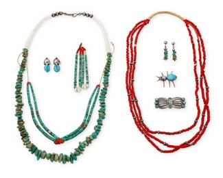1336 A group of Southwest jewelry Mid-20th century Variously marked for maker and/or for sterling: B [figure picto] / H [script] / D. Lucas Seven works comprising a chunky Pueblo graduated turquoise necklace with graduated clamshell beads and an attached pair of turquoise and coral jaclas, a three-strand red trade bead and coral necklace with silver bead spacers and a traditional wrapped neck cord, and a single strand of turquoise, red trade bead, and shell jaclas, as well as two sterling silver and set turquoise brooches, one an insect pin and one a butterfly concho-style brooch with repoussé accents, and two pairs of turquoise earrings, one pair suspending graduated turquoise nuggets, and one pair of squash blossom-style earrings 9 pieces Necklaces: 30" L & 26" L; jaclas: 3.5" H; Brooches: 2.5" H & 1.75" H; Earrings: 1.5" H & 1.25" H 277.6 grams gross Estimate: $400 - $600