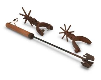 1109 A group of vintage spurs and a branding rod 20th century Comprising two unmatched metal spurs, the smaller spur with faint outlines of floral and banded ornamentation, together with a black metal branding iron rod featuring the letters RWM, with a wooden handle 3 pieces Spurs: inner heel bands: 3.25" to 3" W ; heel depths: 3" to 2.5" D; shanks: 3.75" to 2.5" L; rowels: 5" to 3.75" Dia. Branding iron: 21.5" L x 2.25" Dia. Estimate: $200 - $300