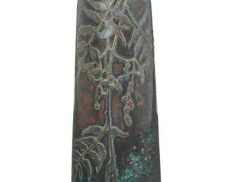 1258 A Heintz Art Metal Shop silver overlay vase Early 20th century Appears unmarked Verdigris patinated bronze with silver overlay foliate motifs 9.5" H x 3.625" Dia. Estimate: $200 - $400