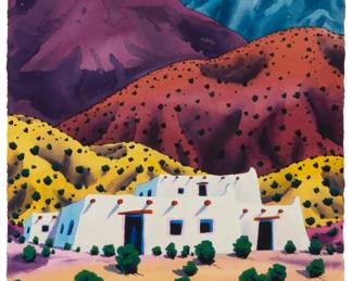 1283 Todd Abbott Winters (20th/21st century) Spanish adobe mountain base, 1993 Watercolor and gouache on paper Signed and dated lower left: Winters 93 Image/Sheet: 29.75" H x 20.75" W Estimate: $200 - $400