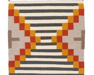 1245 A Dwight Laughing Williams Navajo revival saddle blanket textile Dwight Laughing Williams (b. 20th century, Diné) Woven in cream, grey, orange, red, and black wool with striped banding and partial stepped diamonds with central crosses 24.5" H x 24.5" W Estimate: $200 - $400