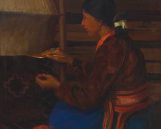 1054 Kathryn Woodman Leighton (1875-1952) "Weaving in Her Hogan" Oil on canvas Signed lower right: Kathryn W. Leighton; titled and inscribed on brown paper affixed to the stretcher: "Navajo Indian Rug Weaver / Gallup, New Mexico" 44" H x 36" W Estimate: $18,000 - $22,000